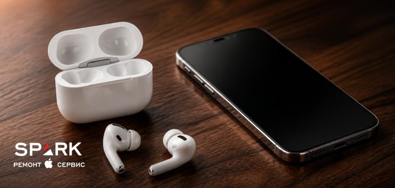 Открытый зарядный кейс AirPods Pro, два наушника и iPhone на деревянном столе