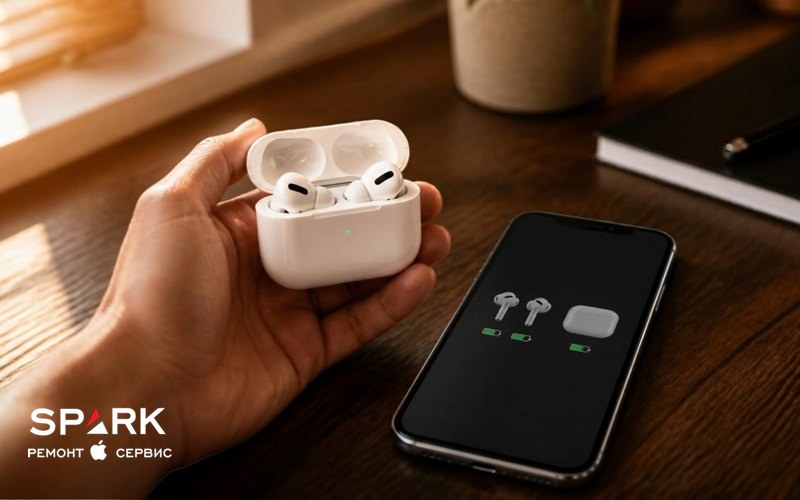 Рука держит открытый кейс AirPods, рядом на экране iPhone виден заряд наушников и кейса