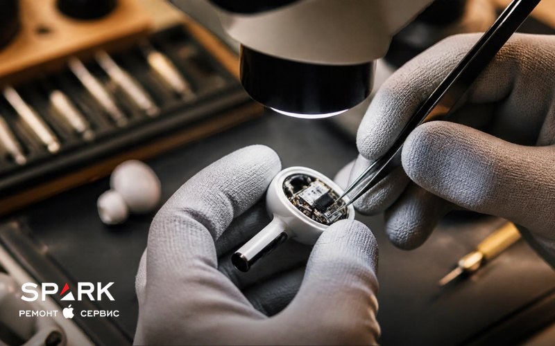 Мастер вскрывает корпус наушника AirPods на ремонтном столе под микроскопом