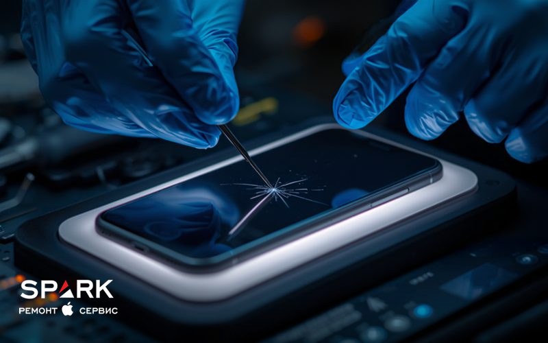 Мастер отделяет разбитое стекло от экрана смартфона тонкой струной после прогрева