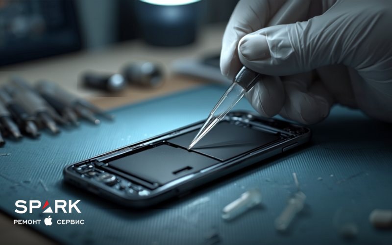 Мастер в перчатках работает пинцетом внутри вскрытого смартфона на ремонтном коврике