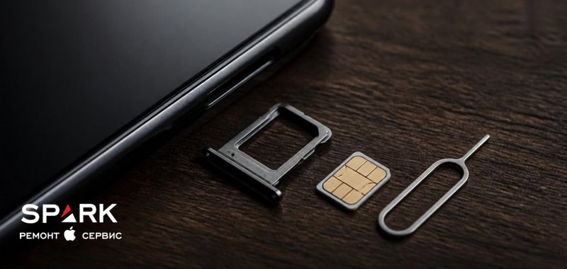 iPhone с выдвинутым лотком, рядом лежат nano-SIM и скрепка для извлечения