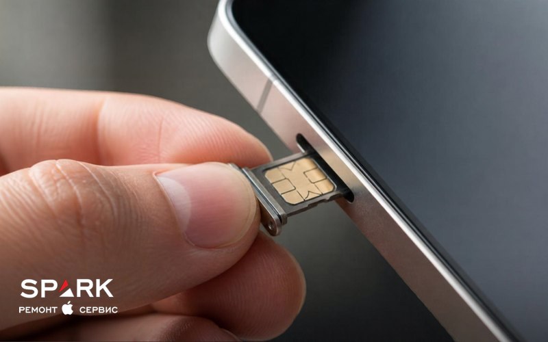 Рука вставляет лоток с nano-SIM в боковую грань iPhone