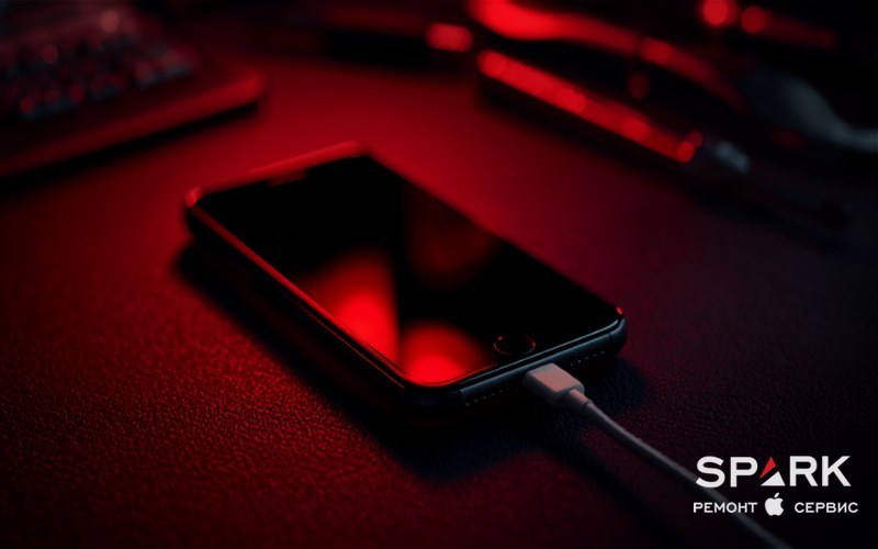 iPhone с подключённым кабелем Lightning и значком зарядки на экране