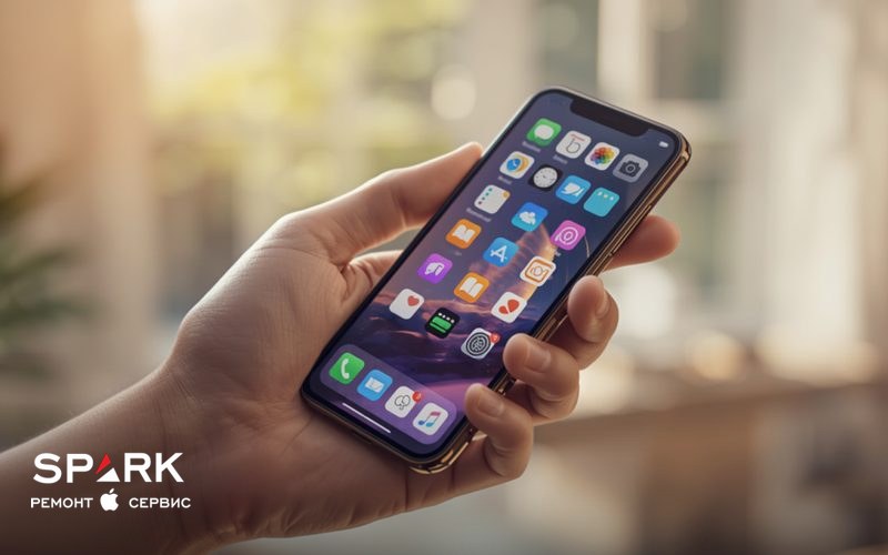 Человек держит iPhone с домашним экраном, заполненным иконками приложений