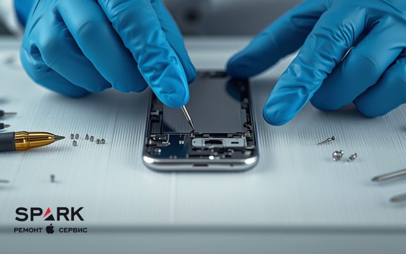 Мастер SPARK меняет аккумулятор iPhone на ремонтном коврике