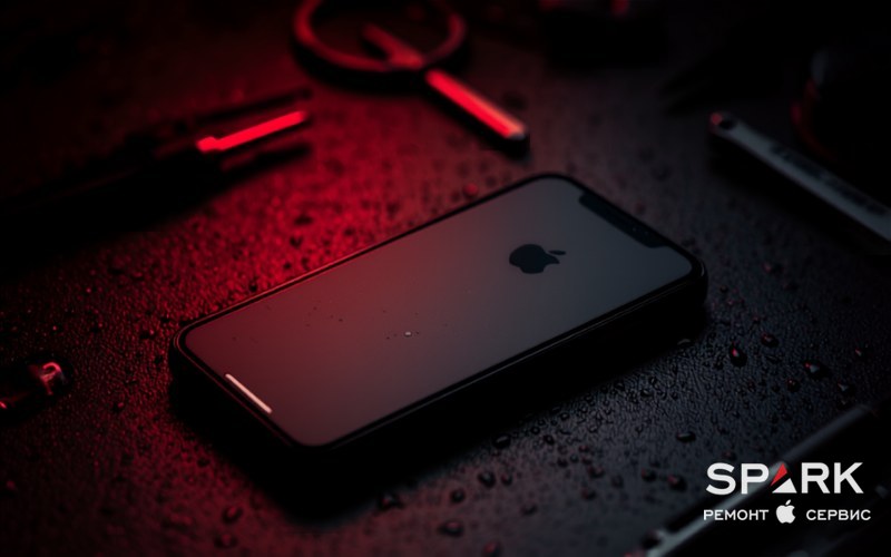 iPhone лежит на сухом полотенце рядом с каплями воды, первая помощь после попадания влаги