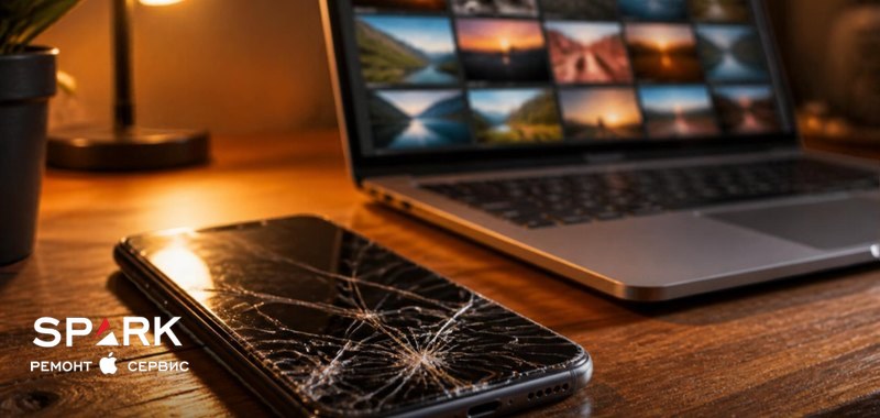 Розбитий iPhone на столі поруч із ноутбуком, на екрані якого відкрита галерея фотографій