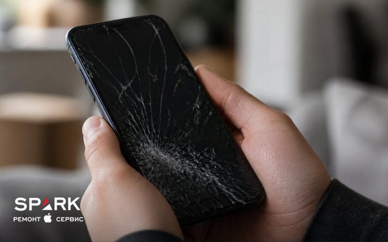 iPhone з розбитим екраном у руках
