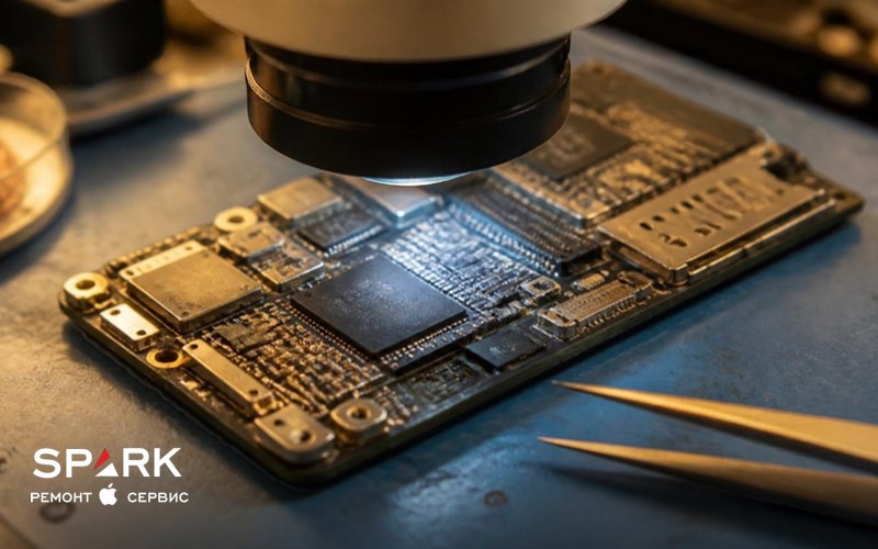 Плата iPhone під мікроскопом на столі майстра