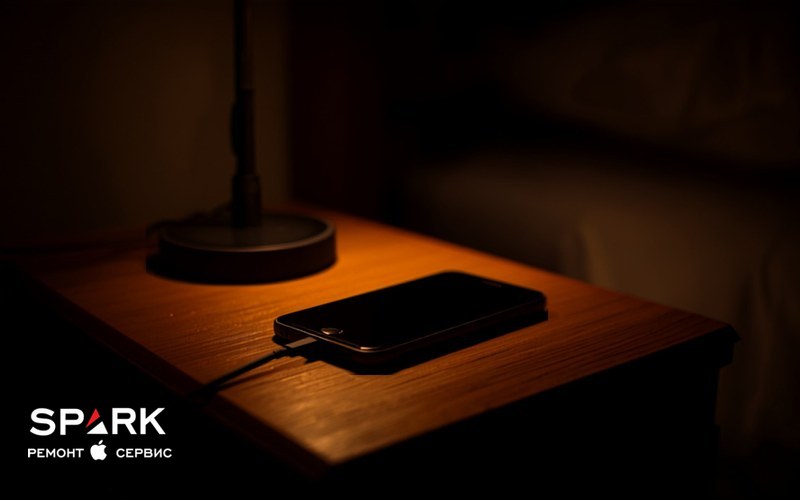 iPhone заряджається вночі на приліжковій тумбі поруч із настільною лампою