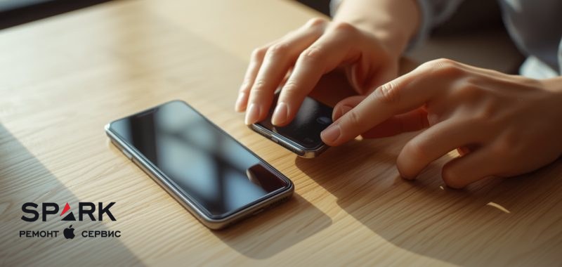 Два смартфони лежать на столі поруч, людина тримає один із них у руці