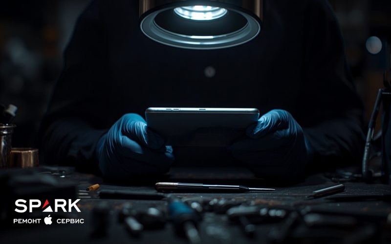 Майстер у рукавичках оглядає розібраний смартфон під збільшувальною лампою