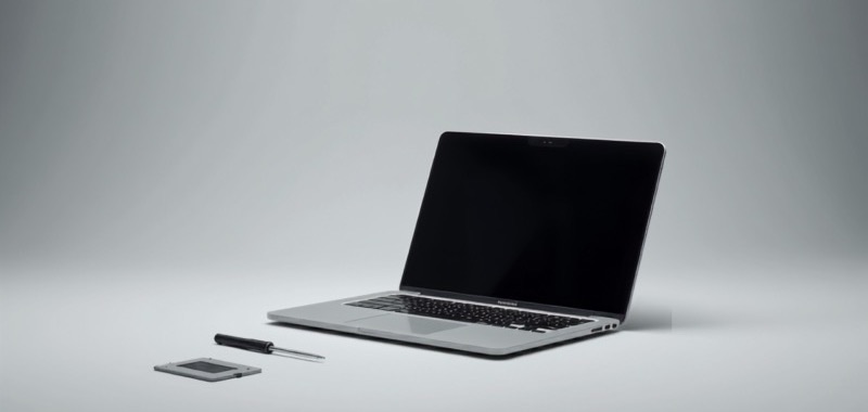 MacBook на столе мастера, рядом накопитель SSD и отвёртка