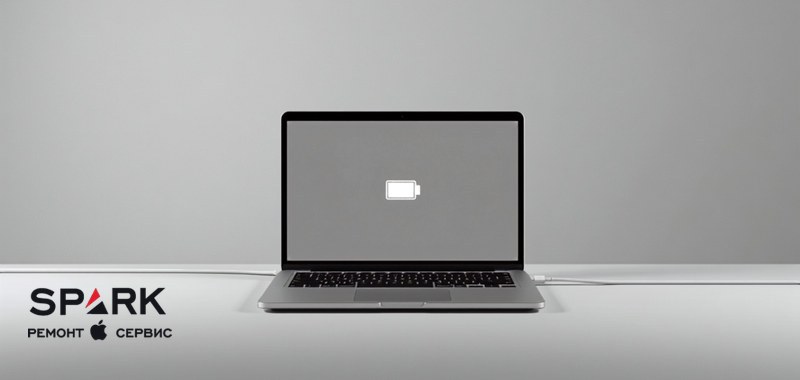 MacBook с подключённым адаптером питания, на экране значок зарядки, процент не меняется