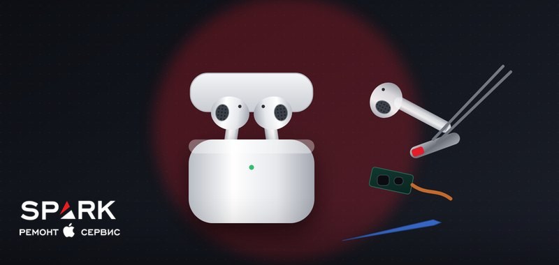 Иллюстрация: открытый кейс AirPods, наушник, аккумулятор и плата на столе мастера