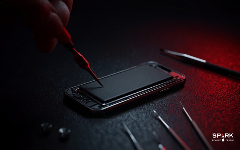 Мастер SPARK снимает дисплейный модуль iPhone для замены