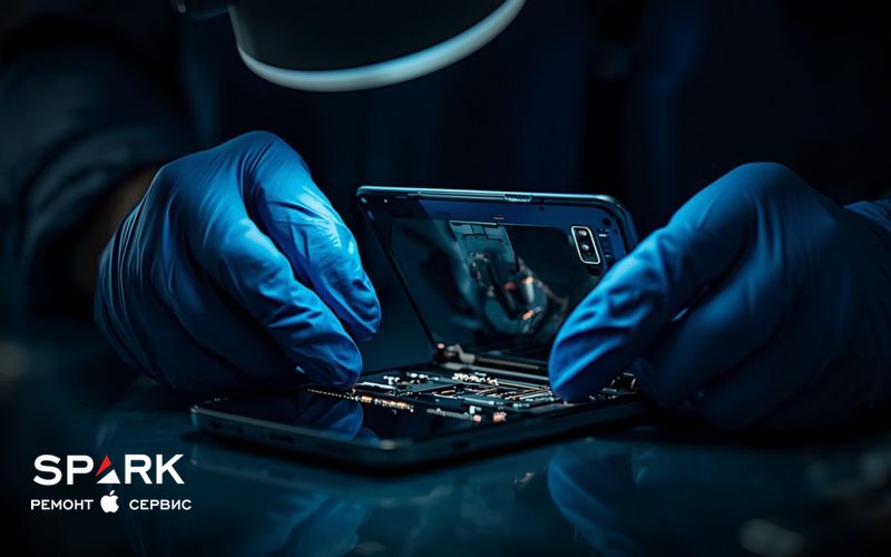 Майстер у рукавичках оглядає розкритий складаний смартфон під лампою на ремонтному килимку