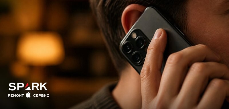 Человек держит iPhone у уха во время телефонного разговора