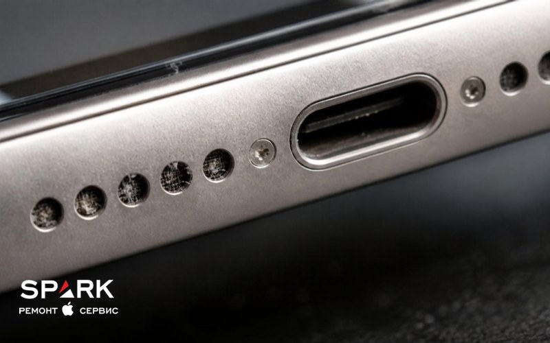 Сетки динамика и микрофона на нижней грани iPhone с пылью крупным планом