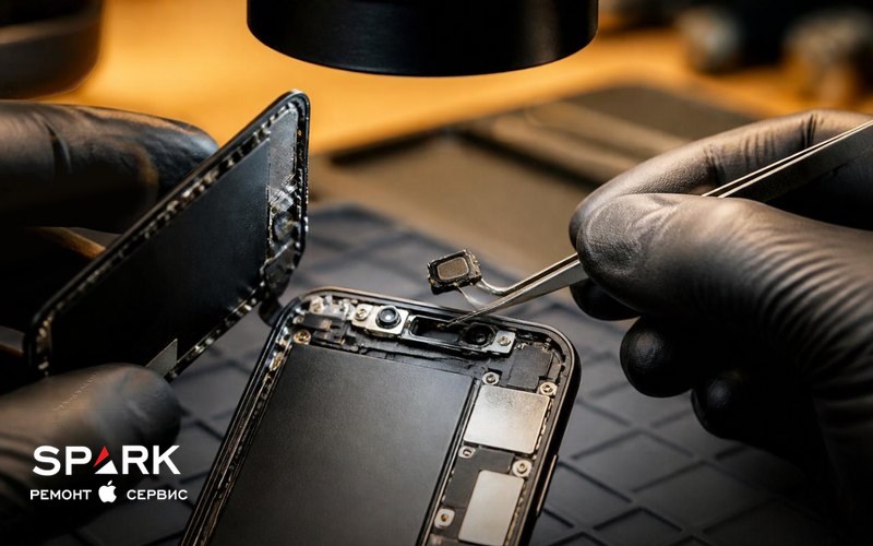 Мастер пинцетом устанавливает разговорный динамик в открытый iPhone