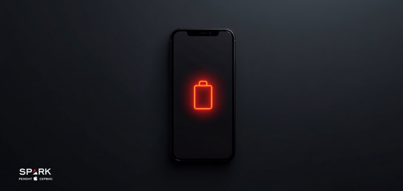 iPhone з майже розрядженою батареєю на екрані, поряд кабель зарядки