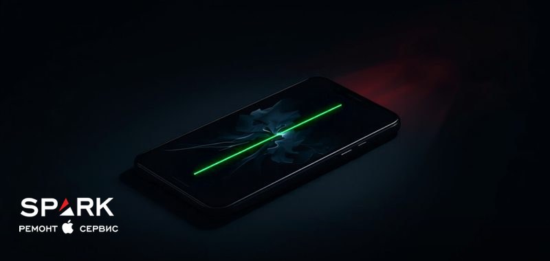 Смартфон Samsung Galaxy с вертикальной зелёной полосой на экране лежит на тёмном столе