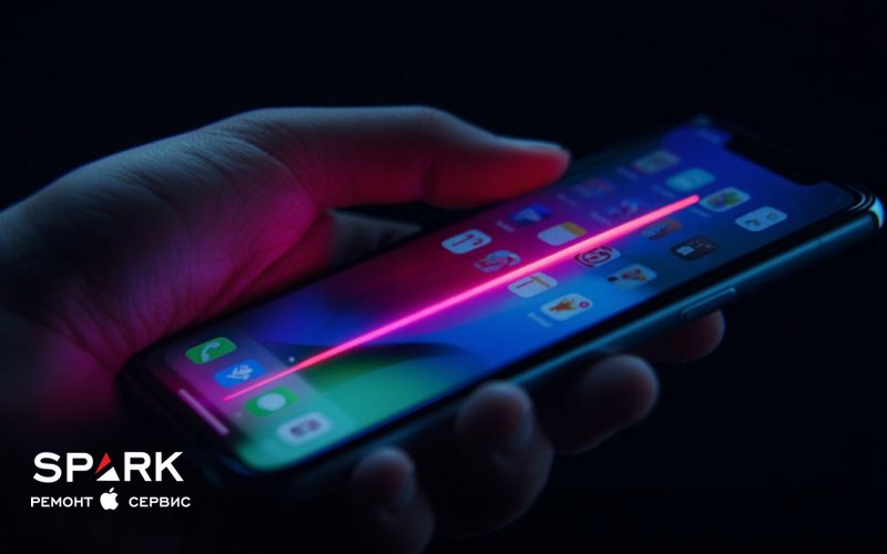 Смартфон в руке, поперёк яркого экрана тянется тонкая розовая полоса