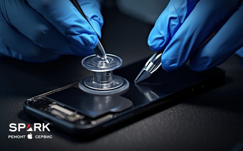 Мастер снимает дисплейный модуль смартфона Samsung на ремонтном коврике