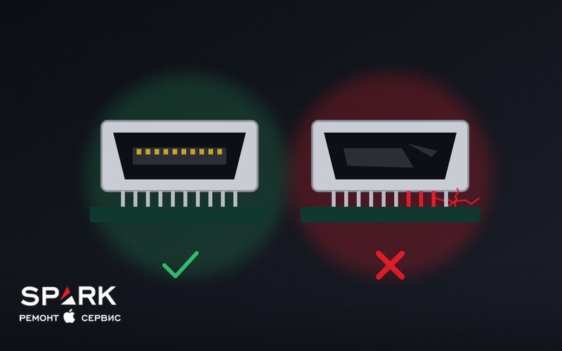 Схема: цілий HDMI-роз'єм з контактами і роз'єм з відламаним язичком та тріснутою пайкою на платі