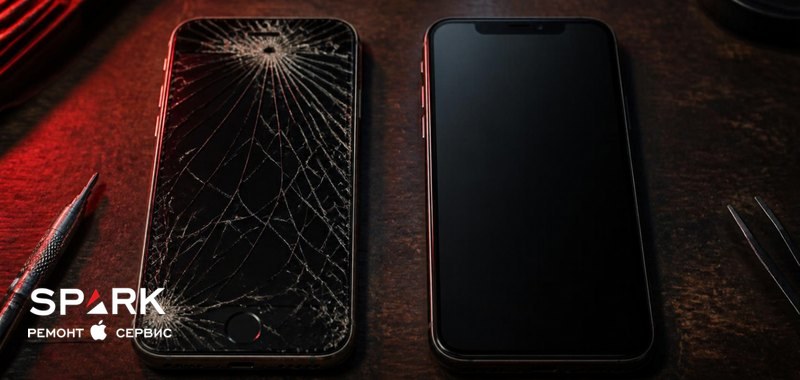 Старый iPhone с разбитым экраном и новый iPhone рядом на столе
