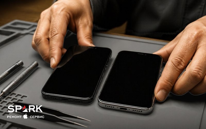 Мастер сравнивает два iPhone на рабочем столе перед ремонтом