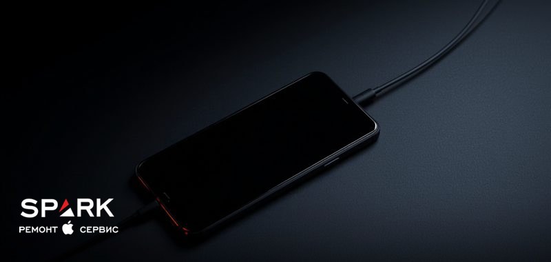 Смартфон Samsung Galaxy с чёрным экраном лежит на тёмном столе рядом с кабелем
