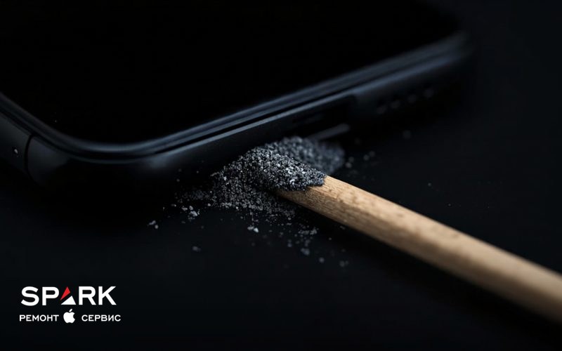 Нижний торец смартфона с разъёмом USB-C, рядом комок пыли и деревянная зубочистка