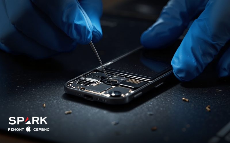 Мастер в перчатках проверяет разъём зарядки смартфона Samsung под лампой на ремонтном коврике