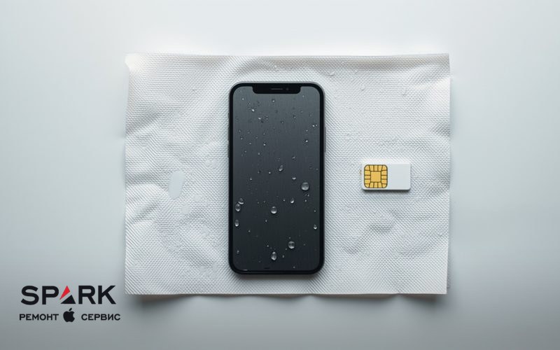 Мокрий вимкнений смартфон і SIM-картка на паперовому рушнику