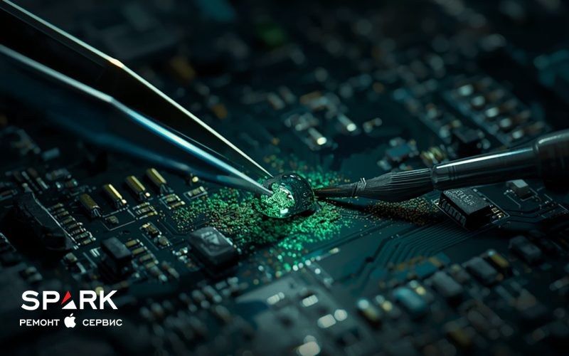 Плата смартфона зі слідами окиснення біля контактів під збільшувальною лампою