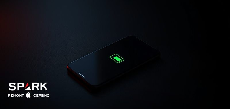 Смартфон Samsung Galaxy на тёмном столе с зелёным значком заряда на экране