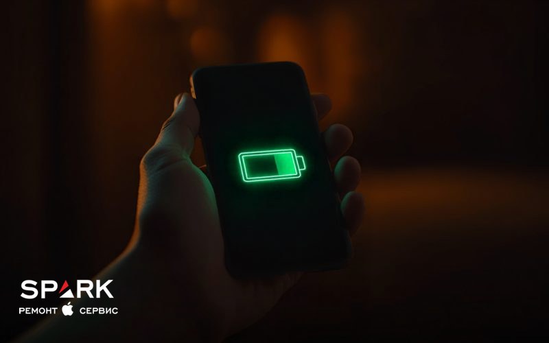 Человек держит смартфон, на экране горит зелёный значок заряда батареи