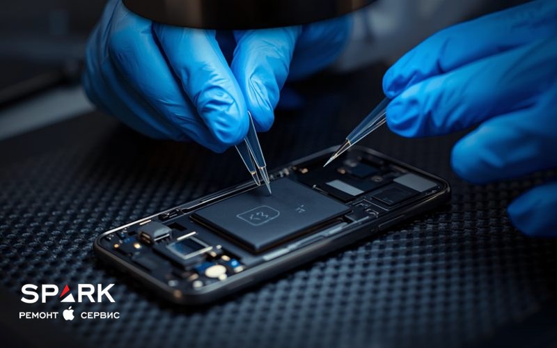 Мастер в перчатках достаёт аккумулятор из разобранного смартфона на ремонтном коврике