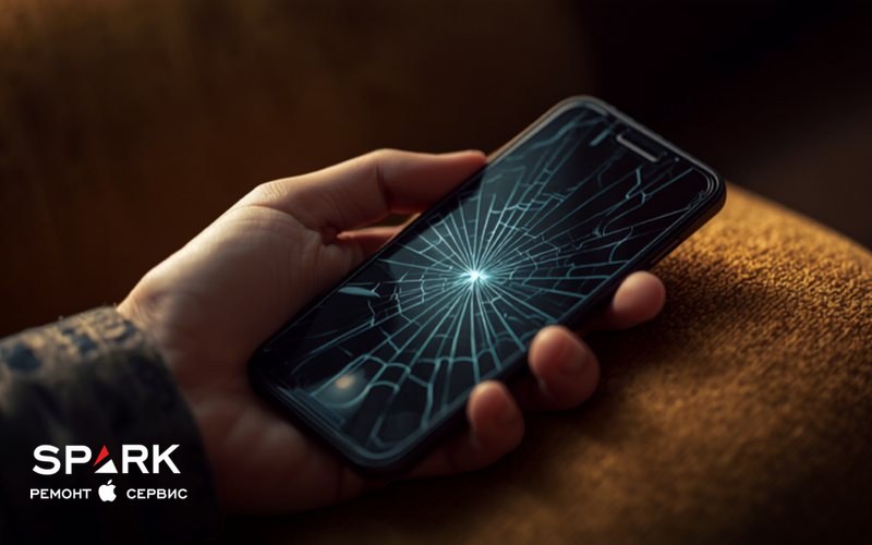 Человек держит в руке смартфон с сильно разбитым экраном, сидя на диване