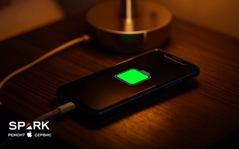 Смартфон заряжается ночью на прикроватной тумбе, на экране горит зелёный значок батареи