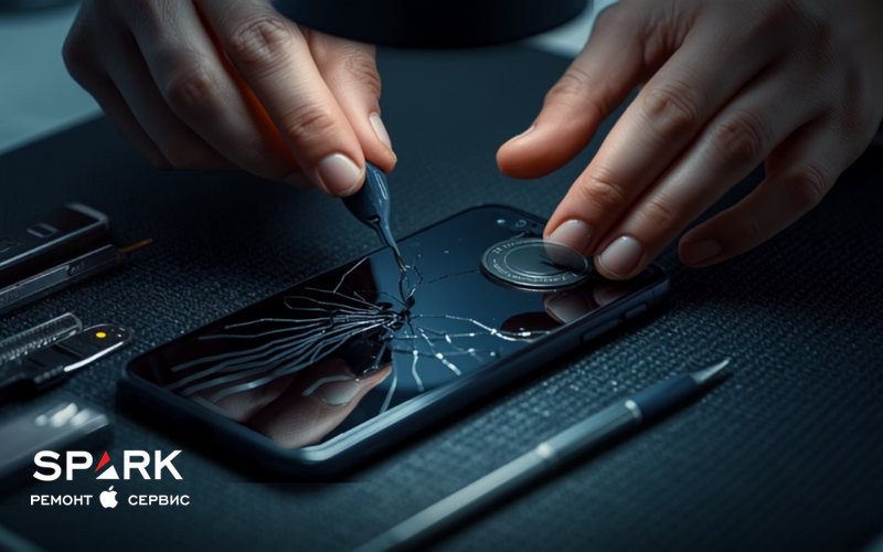 Мастер вскрывает смартфон с треснувшим экраном присоской и тонким инструментом