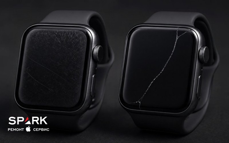 Двое часов Apple Watch рядом: на одних тонкие царапины на стекле, на других — трещина через весь экран