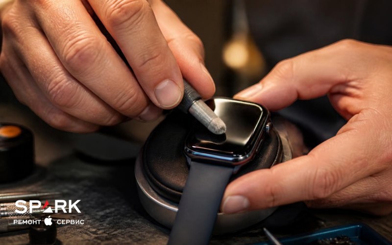 Мастер полирует стекло Apple Watch на ремонтном столе