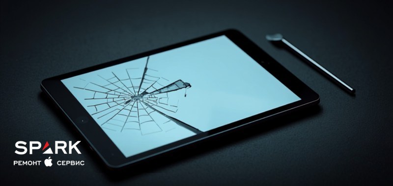 Планшет iPad с трещиной на защитном стекле лежит на столе мастера рядом с инструментом