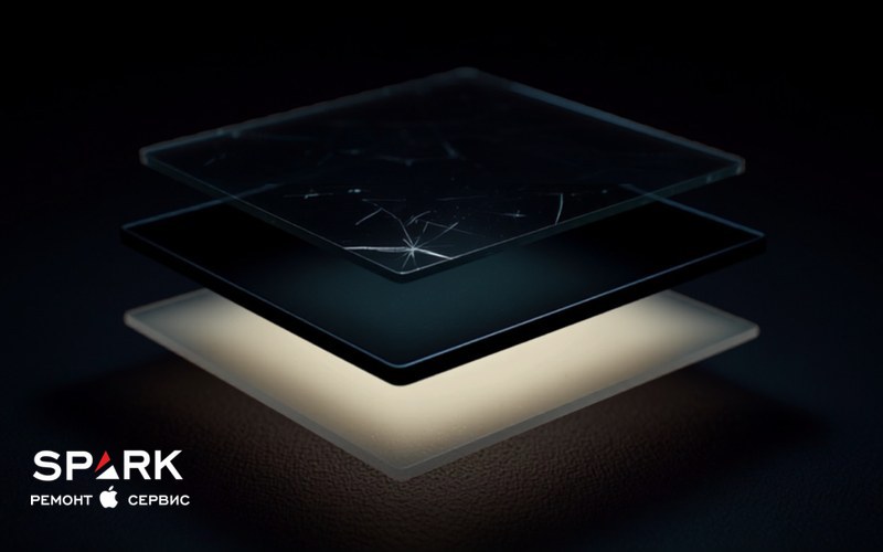 Слои экрана iPad в разрезе: защитное стекло с сенсором отделено от дисплейной матрицы