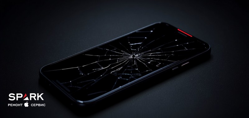 Мастер SPARK осматривает iPhone с треснувшим передним стеклом перед заменой дисплея