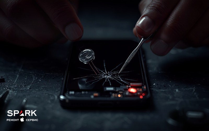 Мастер SPARK осматривает iPhone с треснувшим передним стеклом перед заменой дисплея